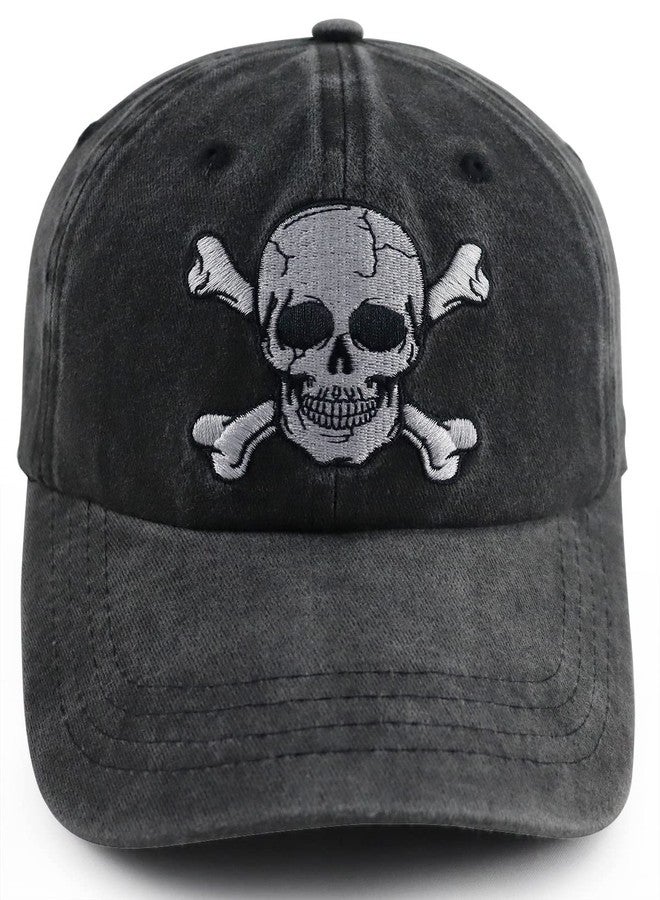 Vxchkerm Skeleton Skull Decor Hats for Men Women, Funny Embroidered Skull and Crossbones Baseball Cap, Adjustable Washed Distressed Vintage Halloween Decorations Hat for Mom Dad Grandpa Grandma Friends Black - Image 1